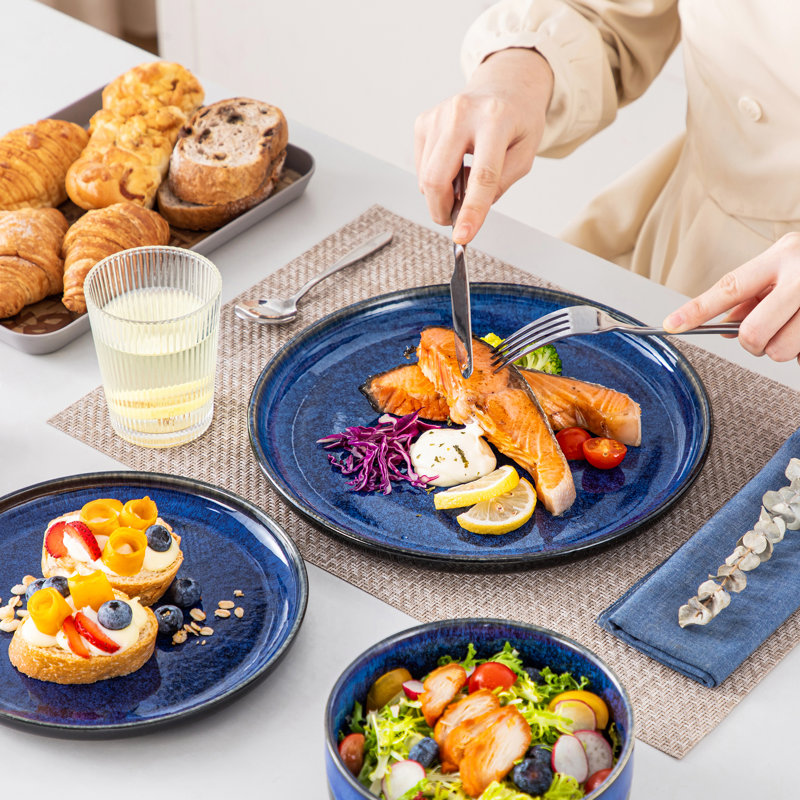 12 Pieces Kitchen Dinnerware Set, Green Set, Stoneware Dinnerware, Plate And Vertical Edge Bowl Set For 4 Person, Blue