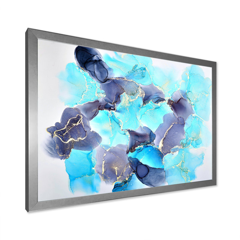Turquoise de luxe abstrait fluide III - peinture sur toile, H 12 po x l 20 po x P 1 po, Cadre photo argenté