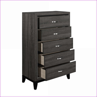 Commodes et amp; Armoire, commode 5 tiroirs grise contemporaine avec poignées en chrome poli | Gris | Bois
