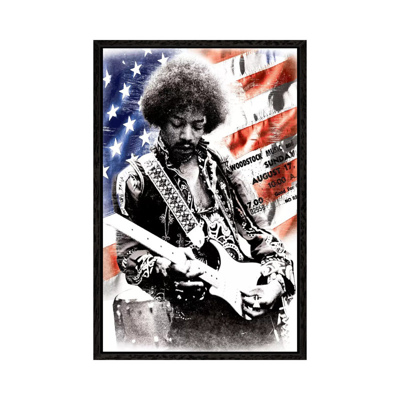 Jimi Hendrix (American Flag Background) - Photograph Print on Canvas, 152.5 cm H x 101.5 cm W, Black Framed