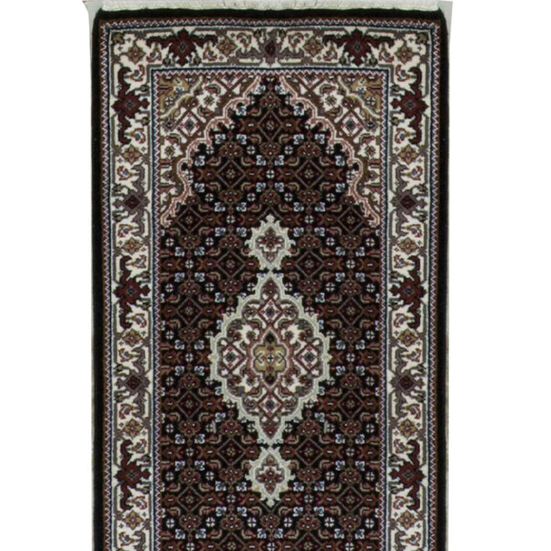 Hand-Knotted High-Quality Black and Cream Runner