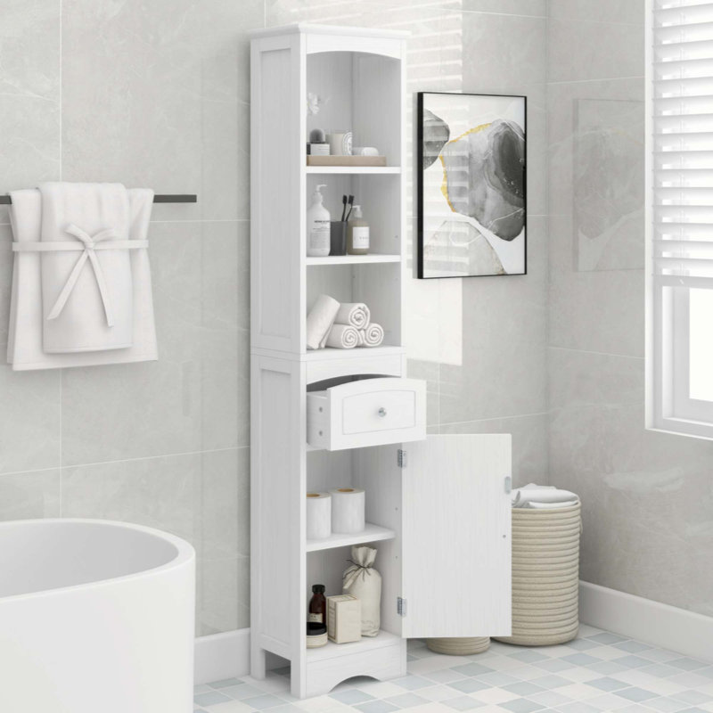 Armoire de salle de bain haute Jard, armoire de rangement autoportante avec tiroir, panneau de fibres à densité moyenne, tablette réglable,