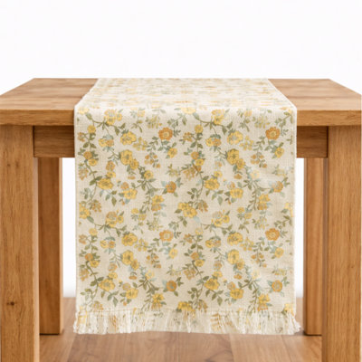 Yellow Floral Printed Table Runner With Fringe 14" X 72"