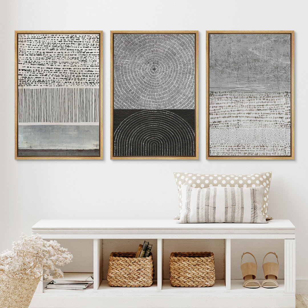 Geometric Line Industrial Black & Gray & Green Abstract Geometric Minimalist Framed Canvas 3 Pieces Print Wall Art IDEA4WALL Frame