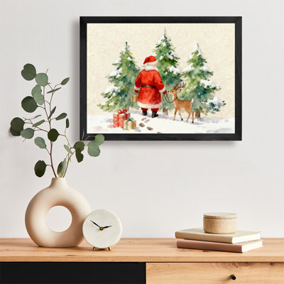 Black Framed Vintage Santa Claus and reindeer Wall Art Watercolor Style Framed Prints