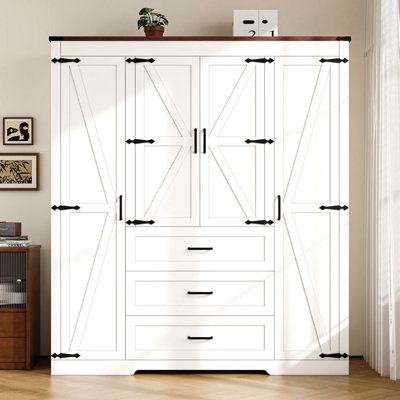 Farmhouse 4-door Wooden Armoire Wardrobe Closet With 3 Drawers, Wardrobe Closet With Hanging Rod And Shelves Tall Clothes Storage Cabinet For Bedroom by Gracie Oaks