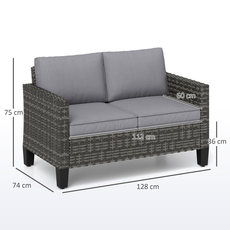 128cm Wide Straight Patio Sofa with Cushions, Grey, Dark Grey
