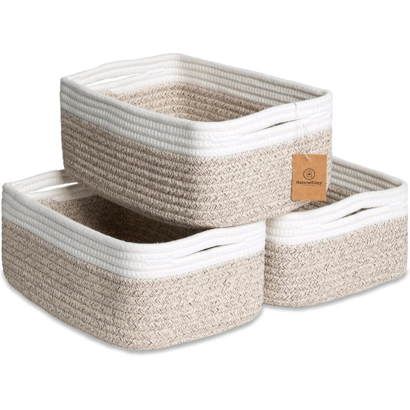 Highland Dunes Cotton Decorative Basket, 11.43cm H x 29.97cm W x 20.32cm D, White/Light Brown
