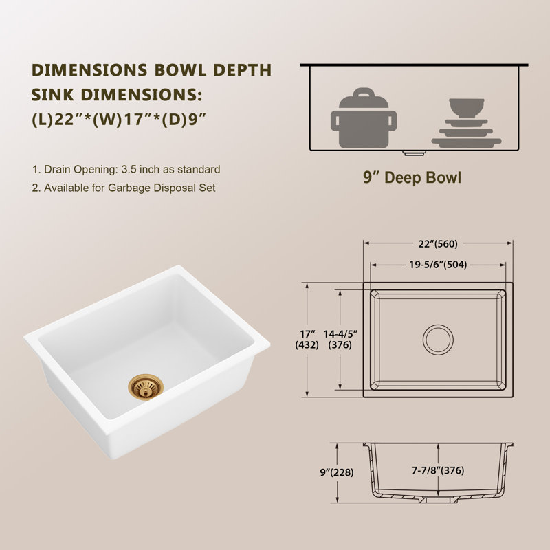22'' L x 17'' W Undermount Quartz Single Bowl Kitchen Sink with Sink Grid, Basket Strainer and Roll-up Rack, White