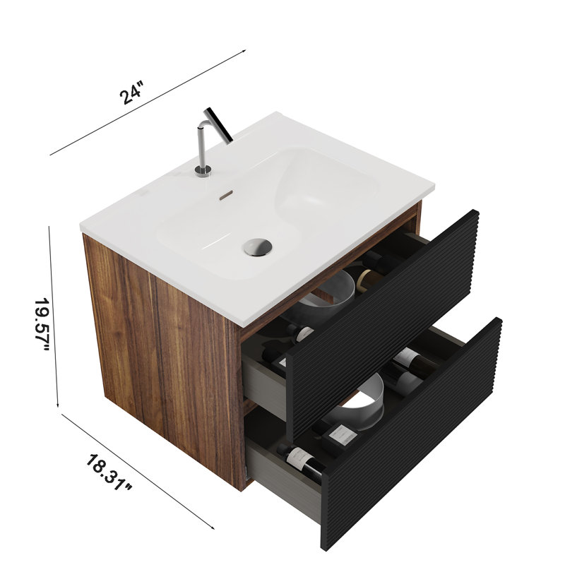 Meuble-lavabo mural avec lavabo et trop-plein en céramique intégrés, Noir, noir, noir, noir