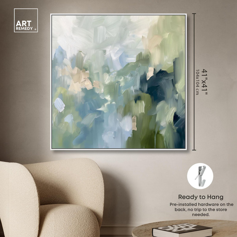«Minted Brush Canvas Minimal Abstracts» par Art Remedy, H 41 po x l 41 po, Reproduction avec cadre flottant, Blanc
