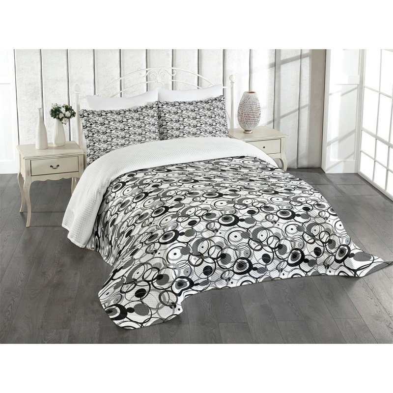 Ambesonne Abstract Bedspread Set  Circles Dots Modern  Grey Black White, King Coverlet / Bedspread + 2 Standard Shams