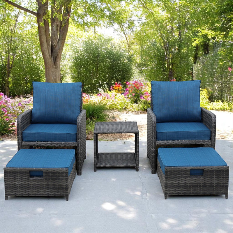 Ensemble de conversation en osier pour 2 personnes avec repose-pieds, Bleu