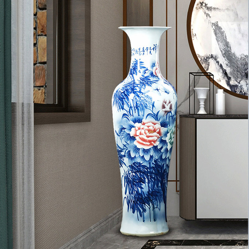 55.12"Jingdezhen ceramic hand-painted blue and white decorative vase and figurine, 55.12" H x 16.54" W x 16.54" D