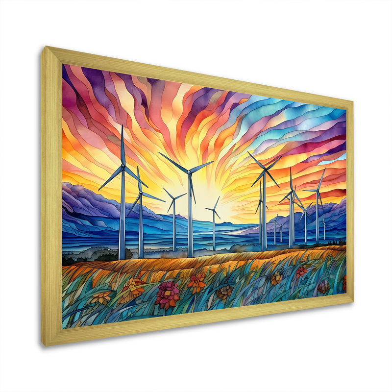 Éoliennes au lever du soleil, H 24 po x l 32 po x P 1 po, Cadre doré simple
