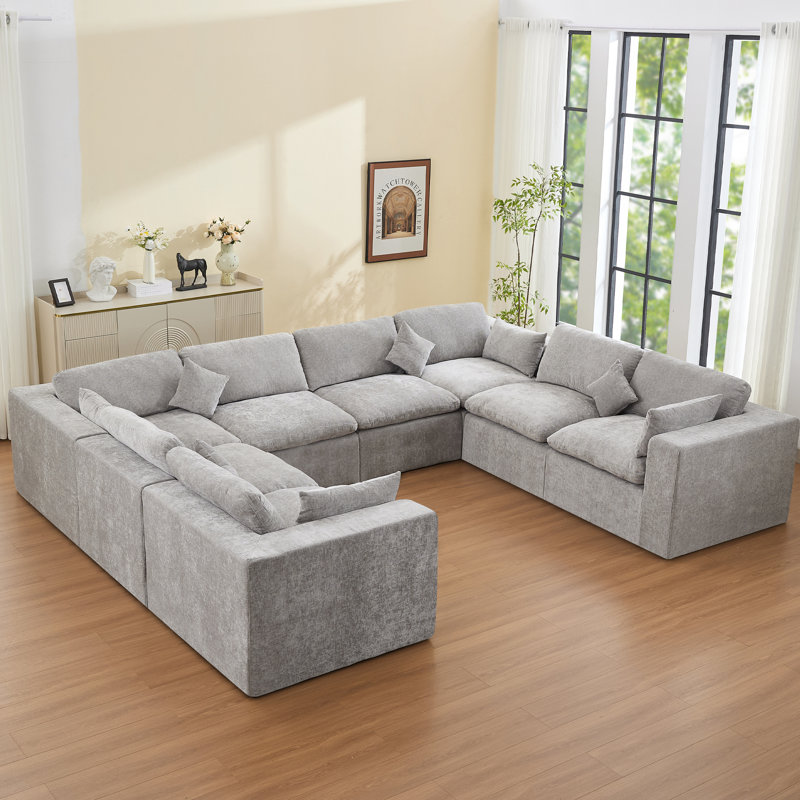 155'' Cloud Compression Sectional Couch, Light Gray Chenille