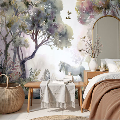 Nursery Peel and Stick Wallpaper White Horses Pastel Floral Forest Deer Rabbits Wall Murals 69"H x 96"W Removable PVC Wall Paper Self-Adhesive Wall Decor for Bedroom Living Room For Nursery Room