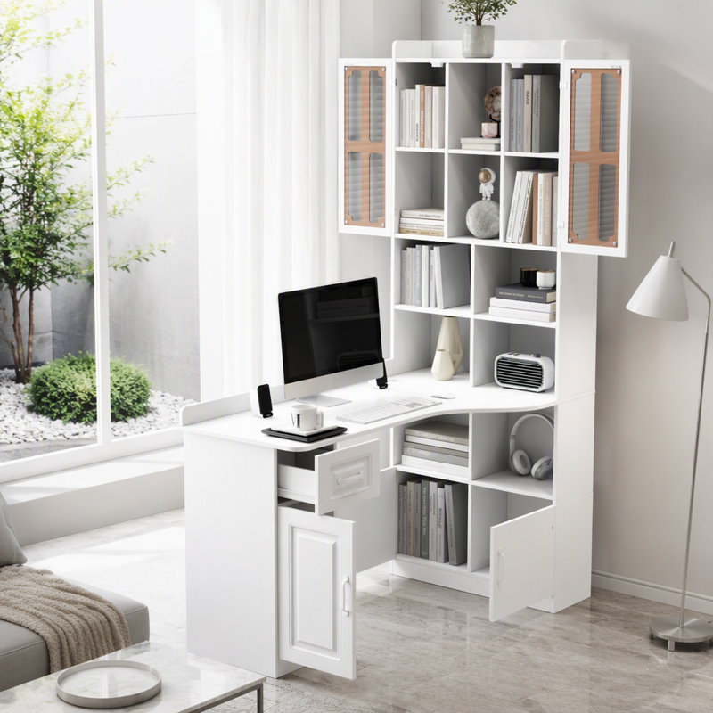 Bureau d'ordinateur d'angle en L pour bureau à domicile ou bureau d'étude, table d'étude de style moderne avec tiroirs, bibliothèque et huche, conception en L 2 en 1, grand espace de travail, blanc