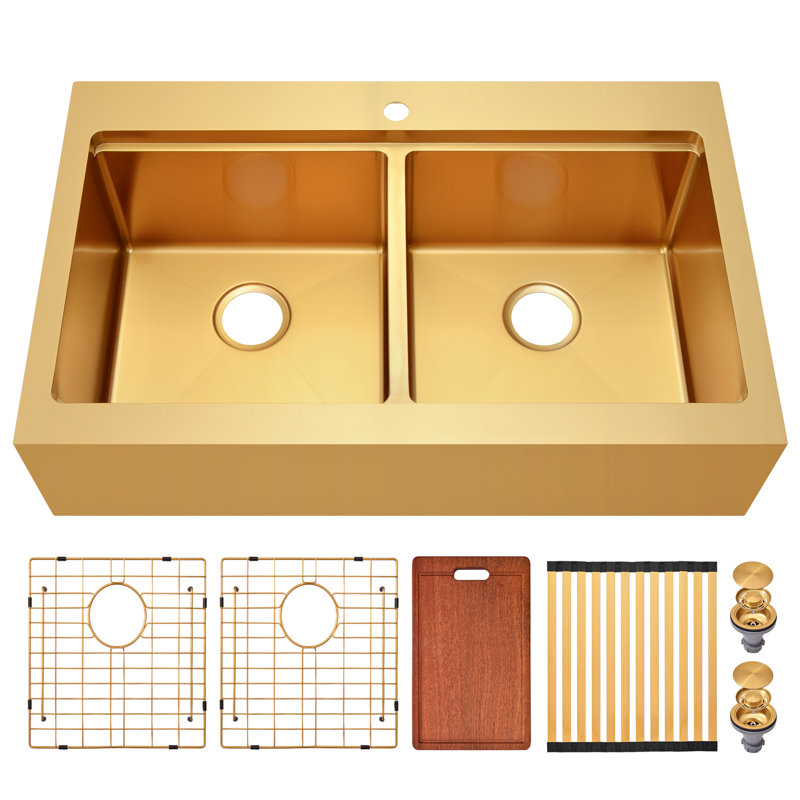 36‘’ L x 22'' W Gold Farmhouse 50/50 Double Bowl Stainless Steel Kitchen Sink with Accessories, Gold