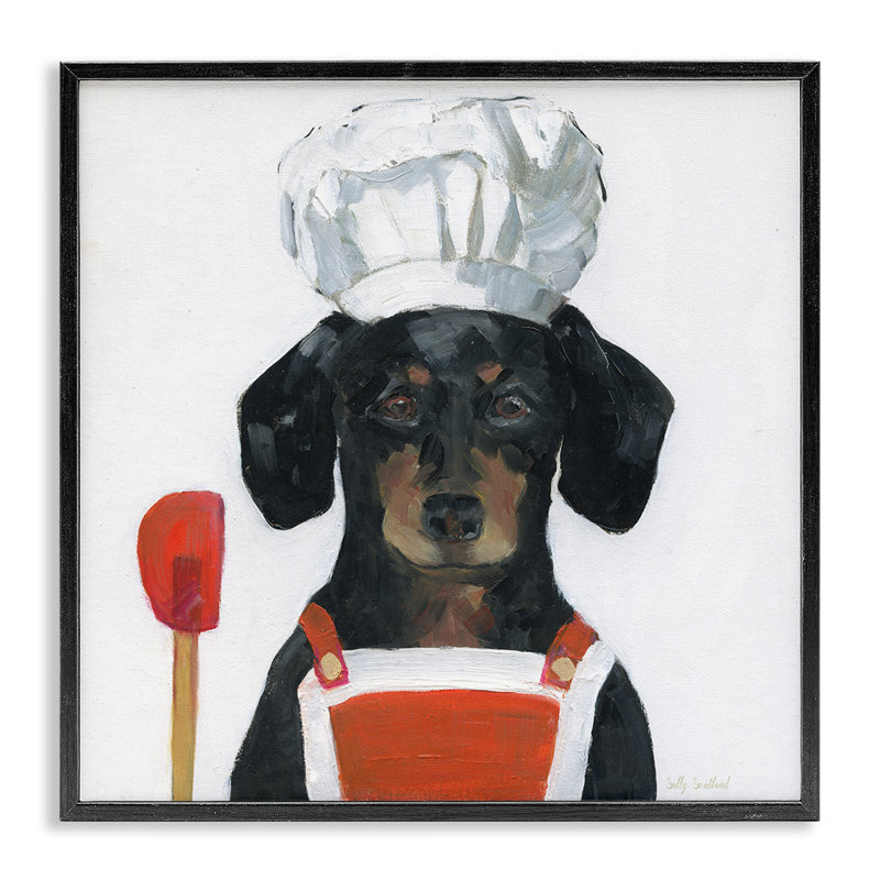 «Kitchen Chef Dog», estampe numérique de Sally Swatland, H 12 po x l 12 po, Giclée encadrée noir minuit