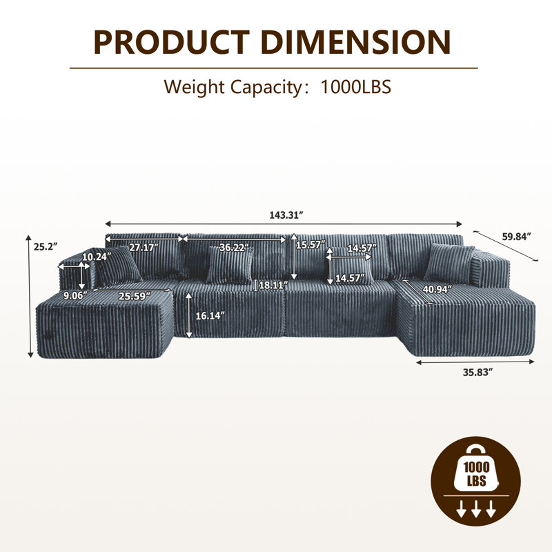 Boneless 187.39''Flannel Modular U-Shaped Sectional Sofa Set Reversible & Spacious Living Room Couch Set With 2 Chaises &4 Pillows,No Assembly Required