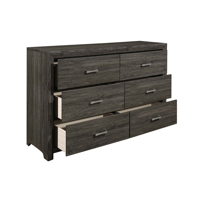 Commode moderne à 6 tiroirs avec poignées en chrome, finition gris foncé pour un rangement élégant dans la chambre à coucher
