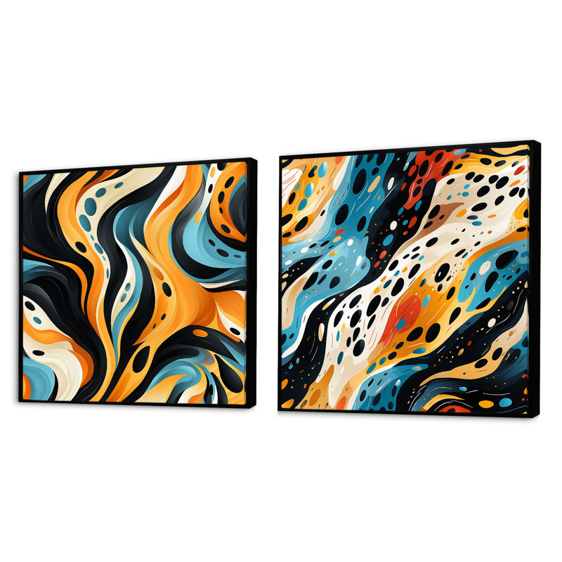 Cortni - Ensemble de 2 collages carrés abstraits, Cadre flottant noir, H 16 po x l 33 po