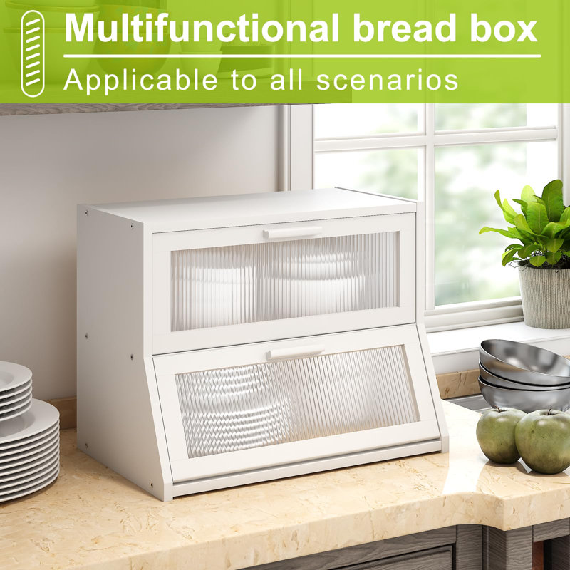 Large Bread Box Double Layer Bamboo Bread Box For Kitchen Counter Container Farmhouse Bread Box Bread Holder Capacity Bread Storage Bin(White)