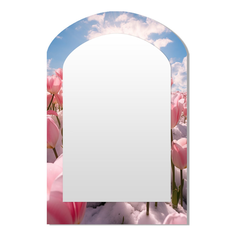 Pink Tulip Snow Sunny Landscape II - Tulips Asymmetrical Unique Wall Mirror Decor, Pink Arch Large Mirror, Printed Metal Art