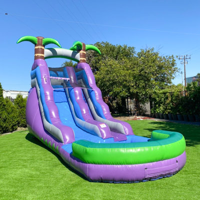 HeroKiddo 16' Purple Tropical Commercial Strength Reinforced Construction Water Slide with Splash Pool for Kids (with Blower)