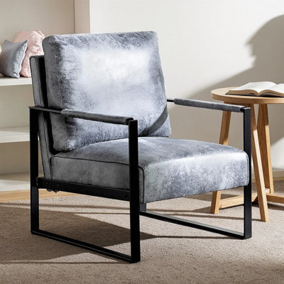 Grey Mid-Century Modern Accent Chair with Microfiber Upholstery & Square Metal Frame - B2735P256733