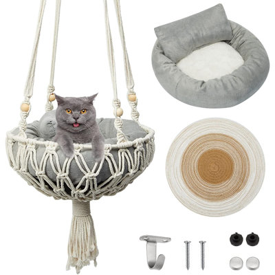 3 Pcs Macrame Cat Hammock, Including Hanging Kitten Bed Scratcher Scratch Pad Swing Bed For Small Cat Small Dog(40 X 12 Inch,Cute Style)
