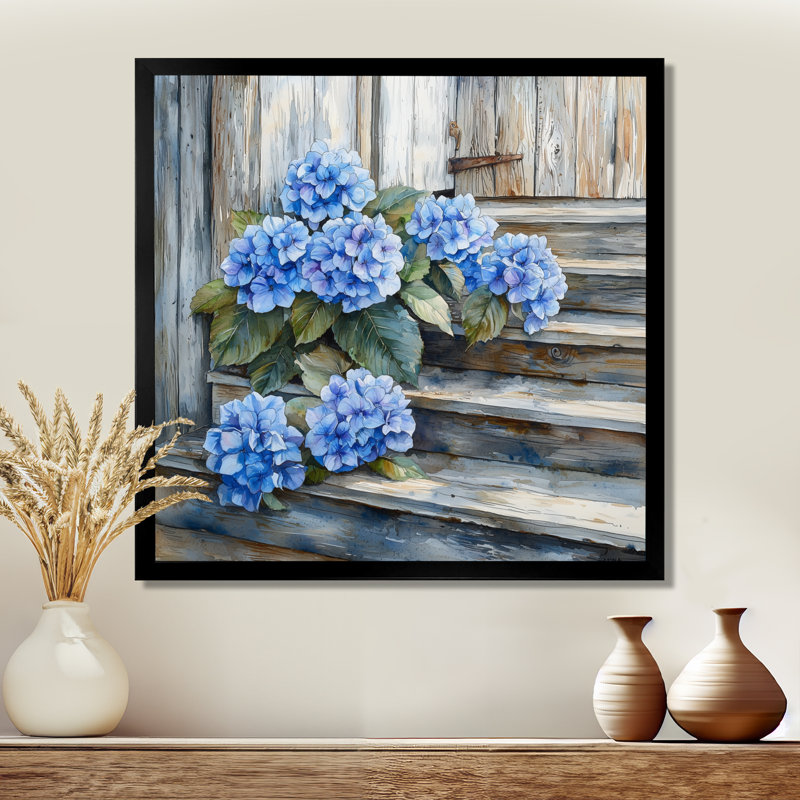 Hortensias sur les marches de grange I - hydrangées, art mural, H 16 po x l 16 po, Picture Framed, Noir, noir, noir, noir