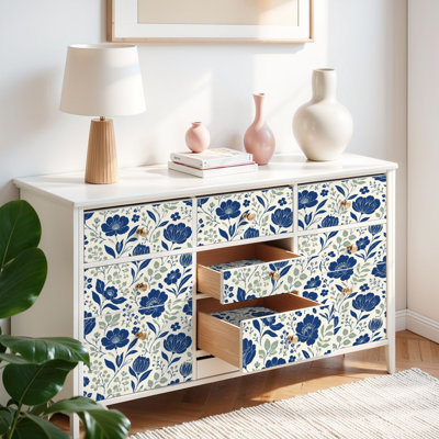 Papier peint auto-adhésif avec feuilles à motif floral bleu feuilles vertes auto-adhésives et amovibles 17,7 po x 118 po (45 x 300 cm)