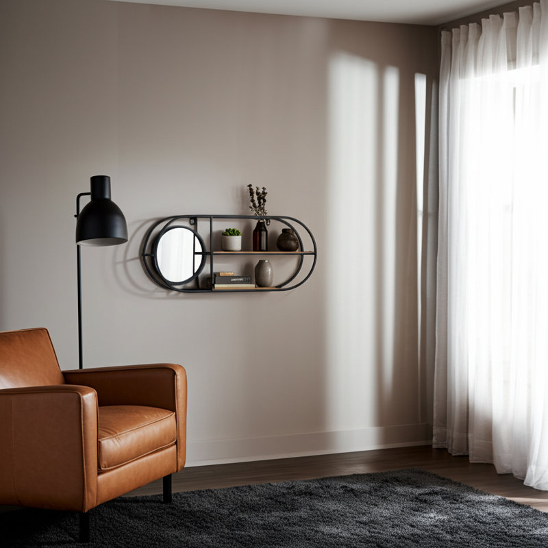 Casual Home Metal and Glass Wall Storage with Round Mirror, Iron Frame, Geometric Design and Dual Shelving