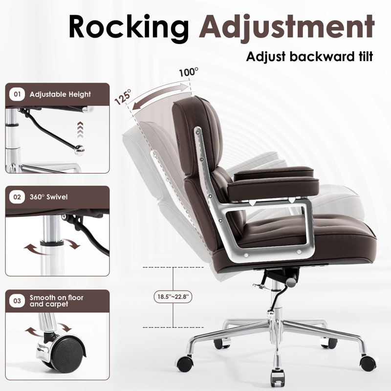 Genuine Leather Office Chair, Brown/Silver