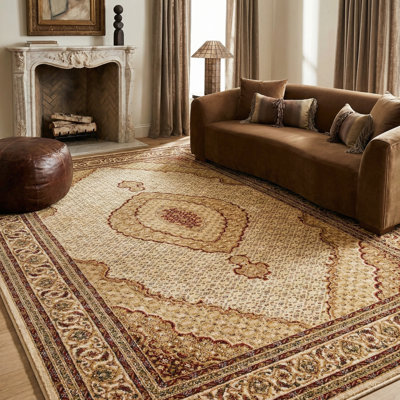 Rug Branch Faris 7' x 9' (6'6" x 9'4") Beige/Cream Persian Medallion Indoor Area Rug, Traditional, Low Pile, Stain-Resistant Carpet - Living Room, Bedroom, Dining Room, and Kitchen
