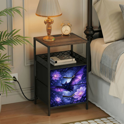 2 Drawers Nightstand with Charging Station, Bedroom Nightstand with USB Ports & Outlets Open Shelf Black, night stand with Purple Winged Bat Mystical Flowers Dark Forest Print