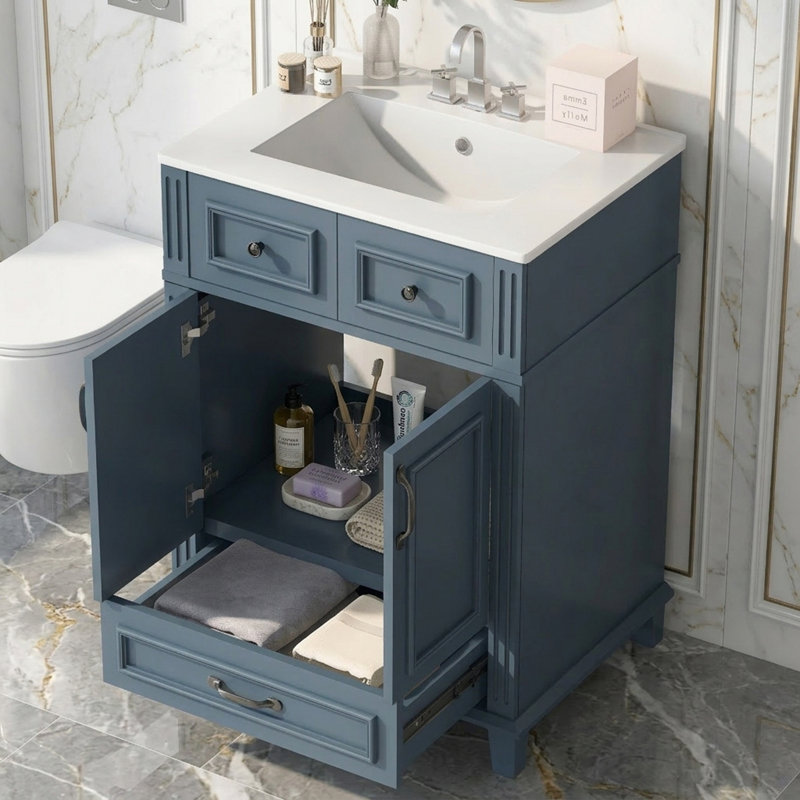 Bathroom Storage Cabinet With Ceramic Sink And Soft Closing Doors, Blue