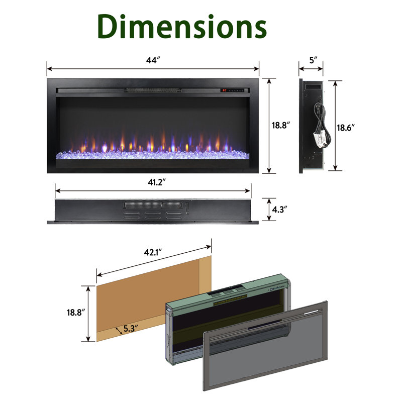 Ultra Thin Recessed Electric Fireplace, 44" - Multi-Color Flame & Ember Bed, LED Heater With Remote