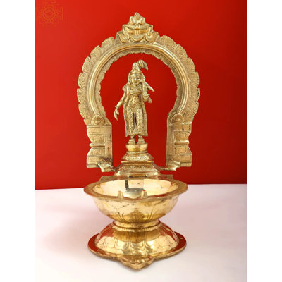 Handmade 11-Inch Brass Andal Oil Lamp – Spiritual South Indian Deepam with Goddess Andal Figural Finial for Puja, Meditation, and Sacred Decor