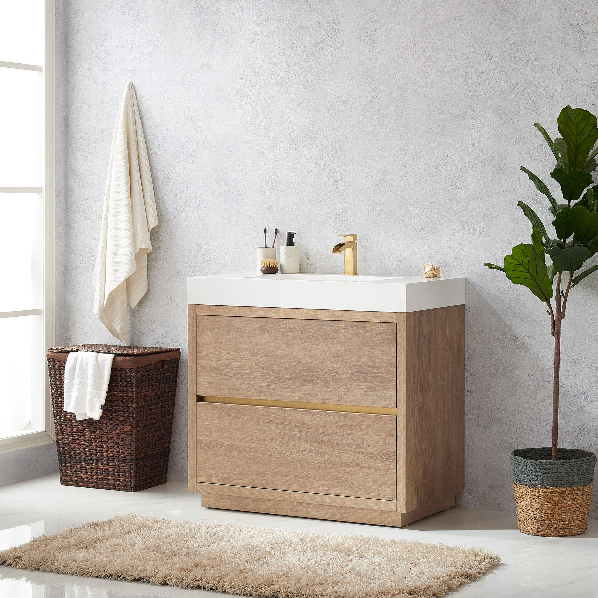Beira 35.8'' Single Bathroom Vanity, White, North American Oak