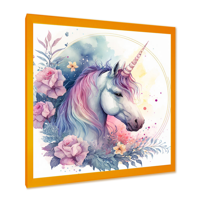 Adorable licorne pastel entourée de fleurs III - cheval, art mural, H 16 po x l 16 po x P 1 po