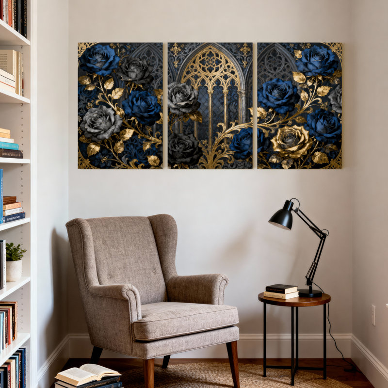 Plantes et fleurs, roses noires et bleues, ensemble de 3 impressions sur toile, H 18 po x l 12 po