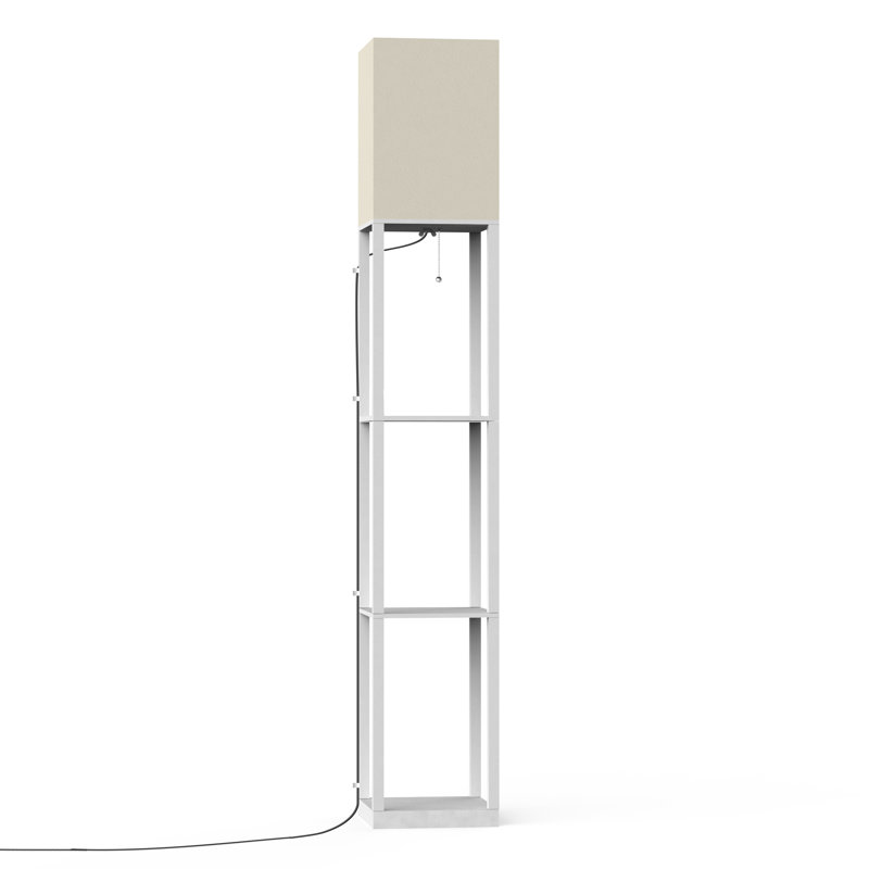 Emonnie 62.9" Column Floor Lamp with Shelves, Real Solid Wood and Bulb Included, White