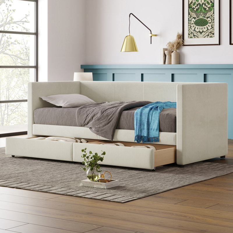 Beige Corduroy Daybed With Two Drawers And Solid Wood Slat - Space Stylish Twin Size Headboard Bedroom Essential