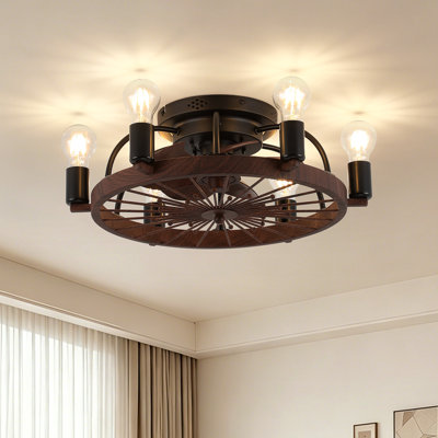 20.5" 6-Light Walnut Brown Wood Flush Mount Ceiling Fan Light with 6-Speed Remote Control, Reversible DC Motor, Timer