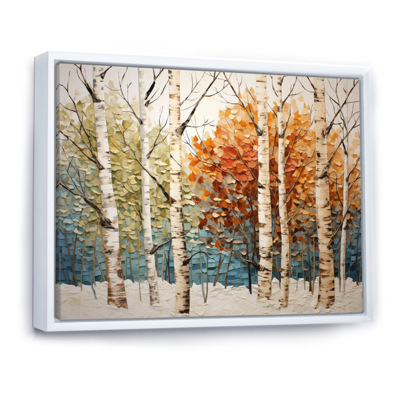 Bouleau saisonnier bois de bouleau III - arbre, art mural, H 30 po x l 40 po x P 1,5 po, Cadre flottant blanc