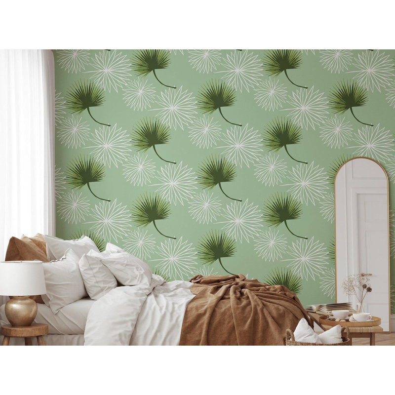 Cabbage Palm 10' L x 24" W Peel and Stick Wallpaper Roll, Black, Faux Grasscloth