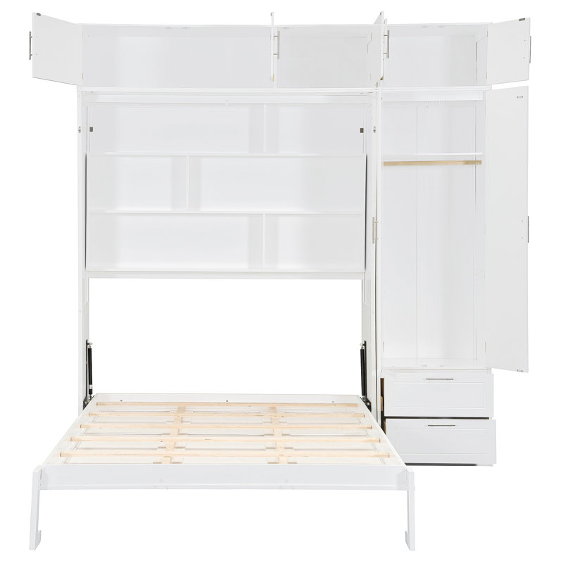 Wall Murphy Bed With Top Cabinet,Shelves  And  Wardrobe, Space Saving Foldable Bed